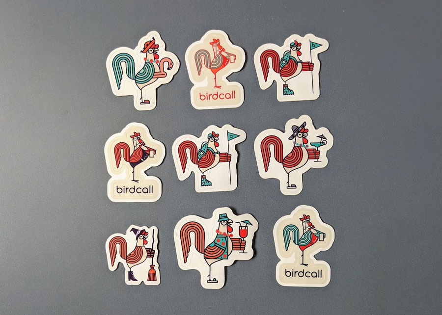 Birdcall die-cut stickers.