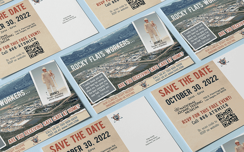 Direct mail postcards pictured on a blue background. Each postcard includes a landscape photo and the words "Rocky Flats Workers... are you receiving safe care at home?" The backs of some of the postcards are shown with the words "Save the Date, October 30, 2022."