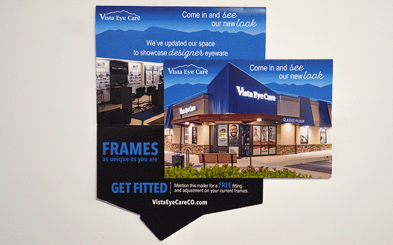 Vista Eye Care folding self-mailer direct mail campaign featuring a photo of the exterior of a Vista Eye care and the words "Come in and see our new look."