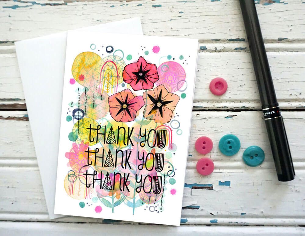 upbeat thank you card with bright colors and abstracted flower shapes