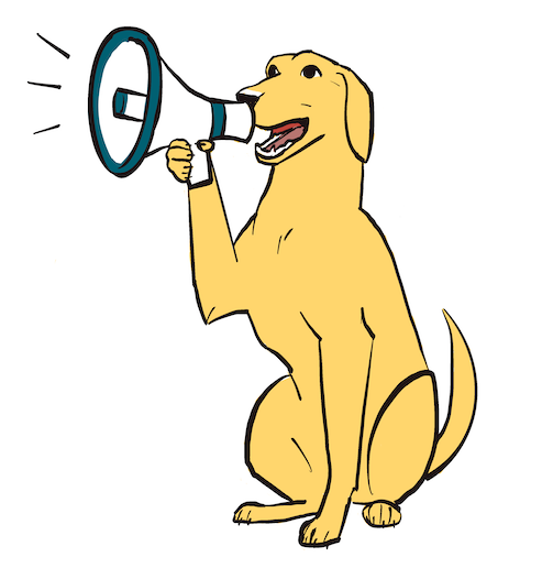 Cartoon yellow labrador holding megaphone