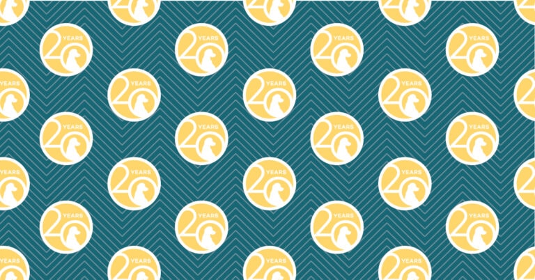 Print Projects with YellowDog + Yellow and white 20th anniversary logos on teal background