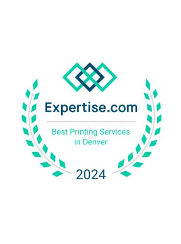 Expertise.com seal (three intersecting diamonds above text that read: Expertise.com Best Printing Services in Denver, surrounded by leaf pattern.