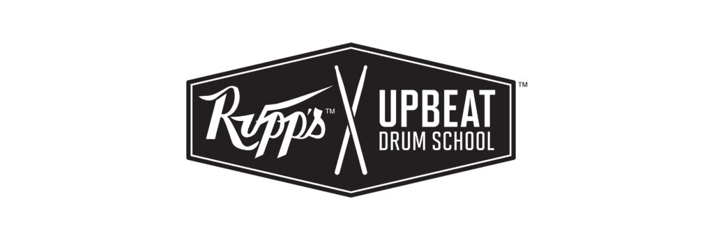 Emblem logo design - black and white graphic of a hexagon, inside on the left are the words Rupp's, separated by two crossed drumsticks on the left are the words Upbeat Drum School