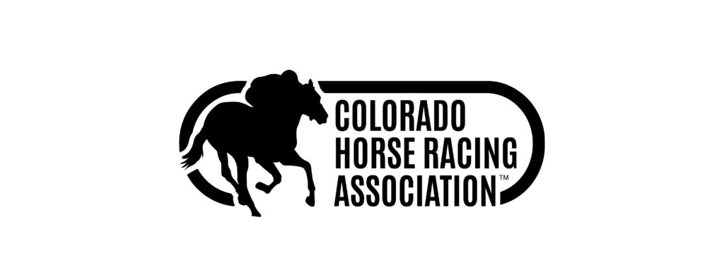 Wordmark logo design - black and white graphic depiction of a silhouetted horse and rider galloping, encapsulated in an oval, like a horse racing track, next to the stacked words Colorado Horse Racing Association