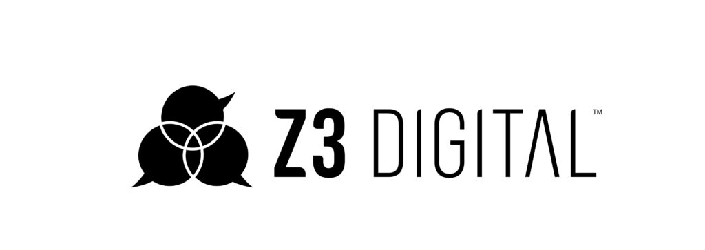 Abstract logo design - black and white graphic depiction of three speech bubbles converging to form a venn diagram, followed by the words Z3 Digital
