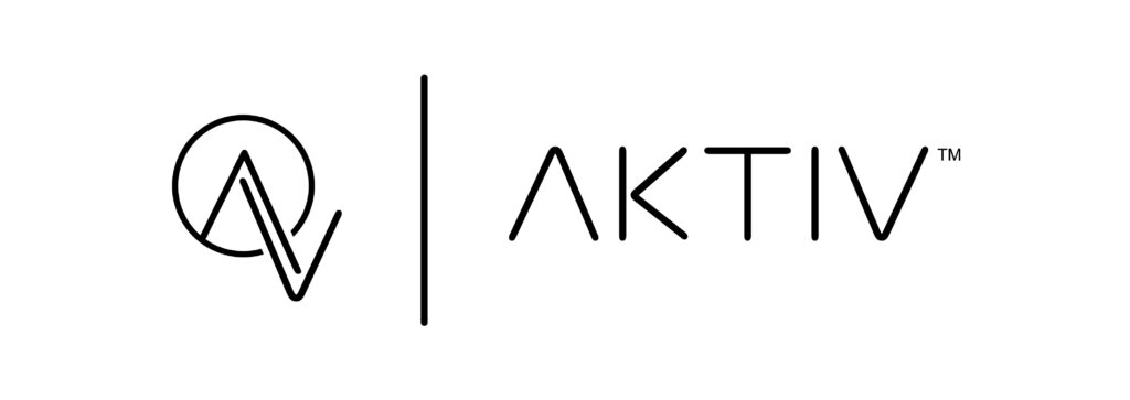 Monoline logo design - black and white graphic depiction of a lower-case A flowing into a V inside a circle followed by a vertical line and then the word Aktiv.