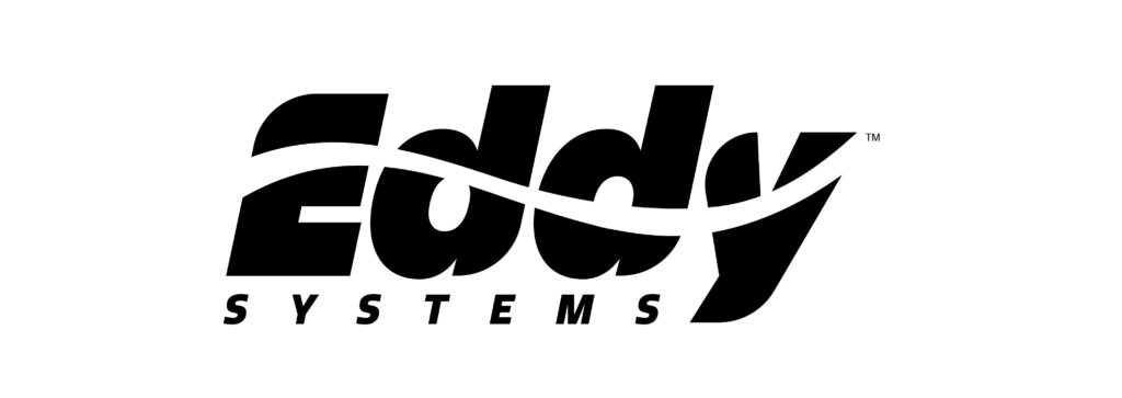 Negatove logo design - black and white graphic of the words Eddy Systems, where there is negative space removed from Eddy is the shape of a wave.