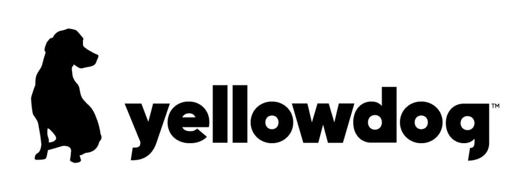 Pictorial logo design - black and white graphic depiction of a dog silhouette followed by the words  yellowdog. 