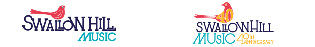 Swallow Hill Music standard logo and 40th anniversary logo side by side.