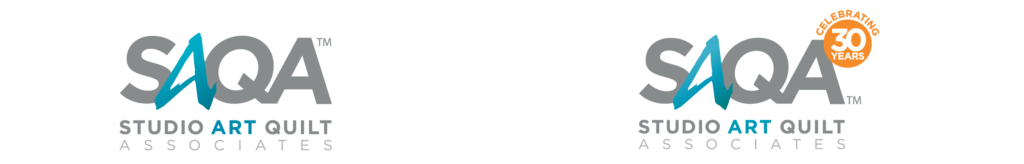 SAQA Studio Art Quilt Associates standard logo and 30 years logo side by side