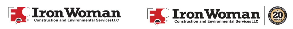 Iron Woman Construction and Environmental Services LLC standard logo and 20 years logo side by side. Logo features stylized chemical element symbol for iron (Fe) and circle-with-cross female icon.