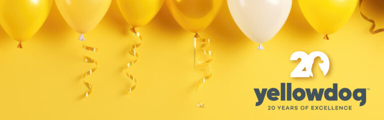 Anniversary Logo graphic - a line of yellow and white ballons in front of a yellow background. Bottom right corner has 20 logo with silhouetted dog and the words Yellowdog 20 Years of Excellence