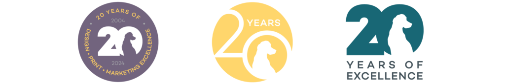 Three versions of YellowDog 20th anniversary logo, one each in purple, yellow and teal, each featuring the silhouette of a sitting Labrador as negative space in the zero of the number 20.
