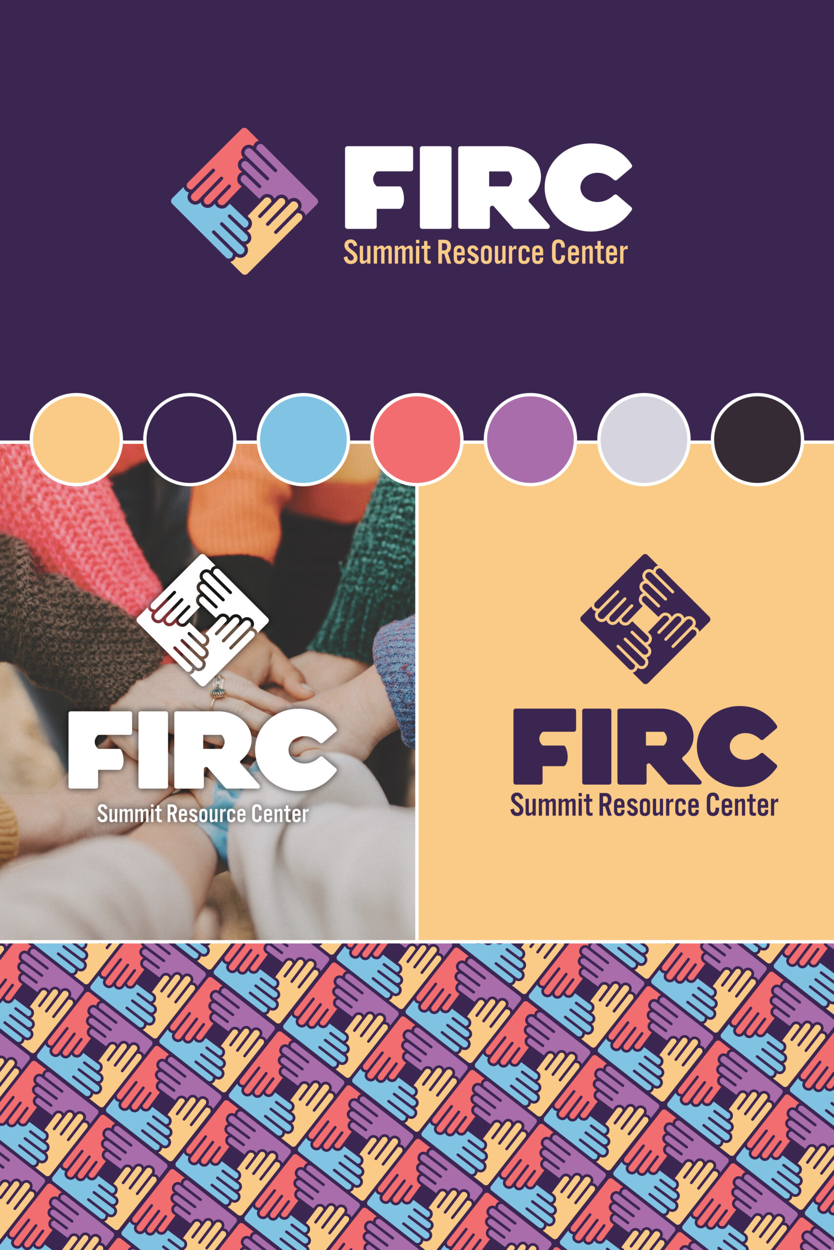 Nonprofit rebrand mood board: FIRC's new logo and brand colors and patterns featuring deep purple, yellow, blue, salmon, light purple grey and black.