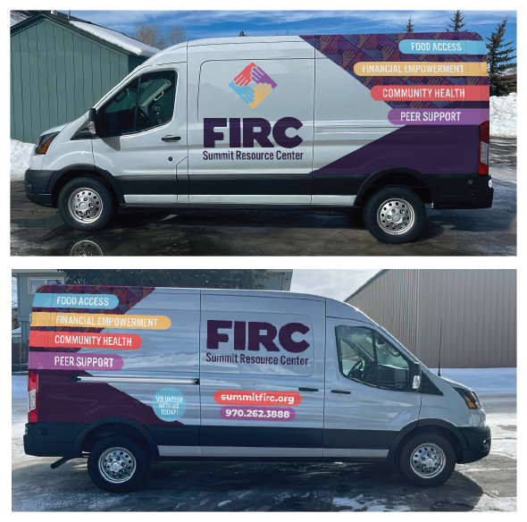 Vehicle graphics, designed by YellowDog, on a white service van featuring the FIRC logo, service pillars, website and a call to volunteer.
