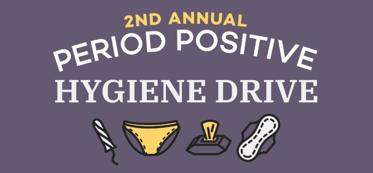 Period drive announcement! "2nd Annual Period Positive Hygiene Drive" text on purple background with illustrated menstrual products (tampon, underwear, wipes, pad)