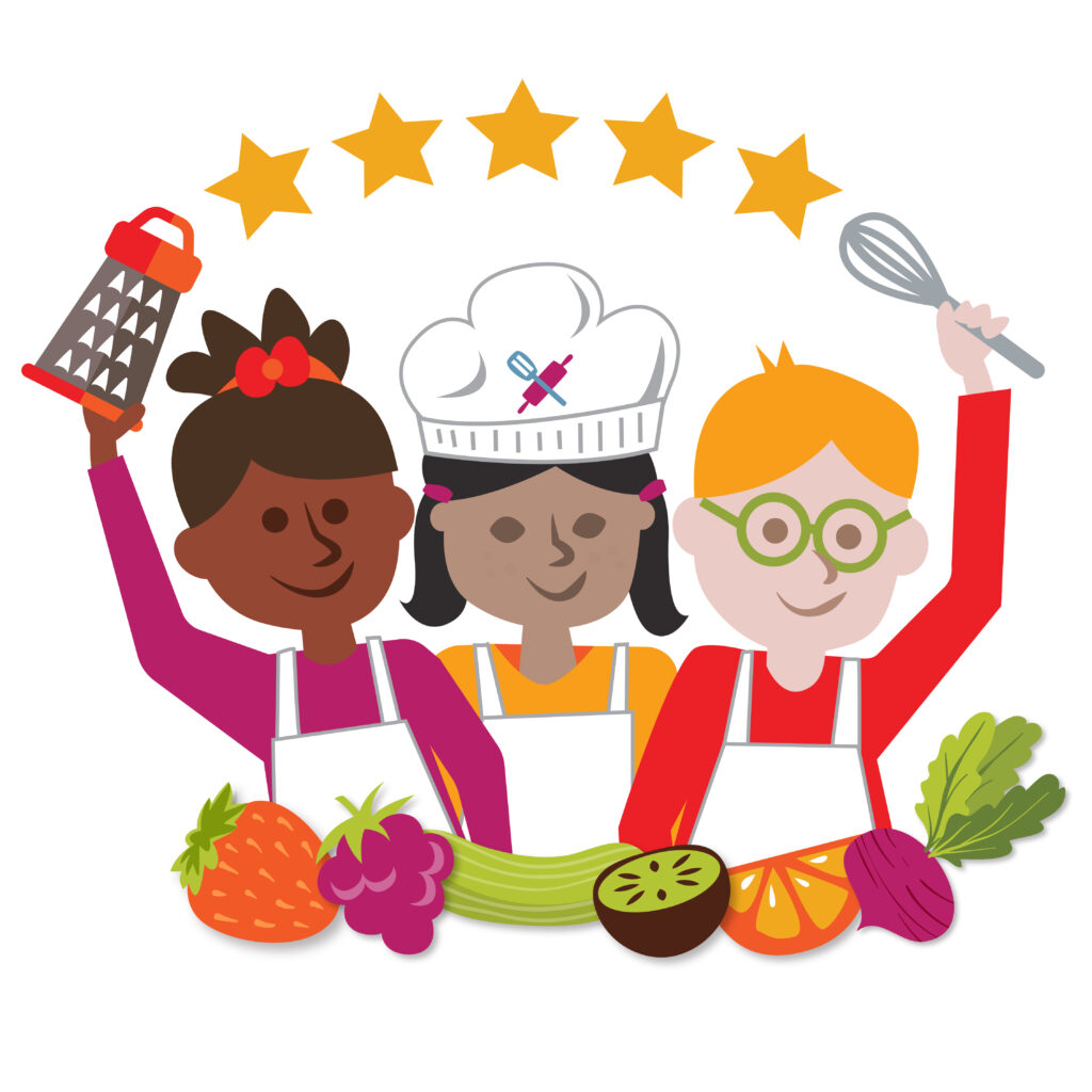 Sticky Fingers Cooking brand graphic: Three children lined up behind a row of fruits and vegetables, holding up a grater and a whisk. 