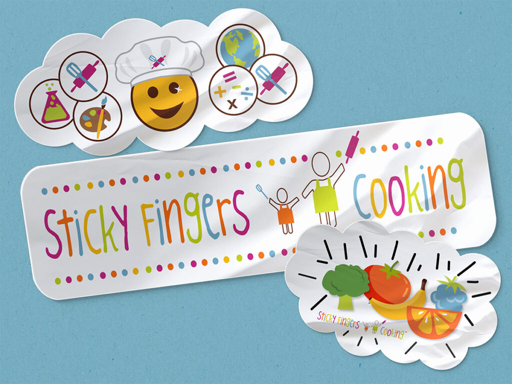 Sticky Fingers Cooking stickers, featuring brand colors and cute images of food and people, on. a light blue background