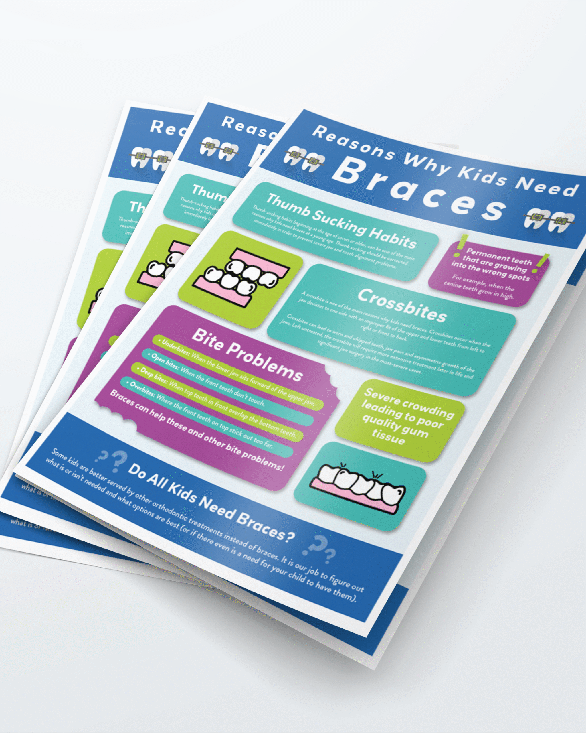 Stack of colorful informational laminates about why kids need braces.