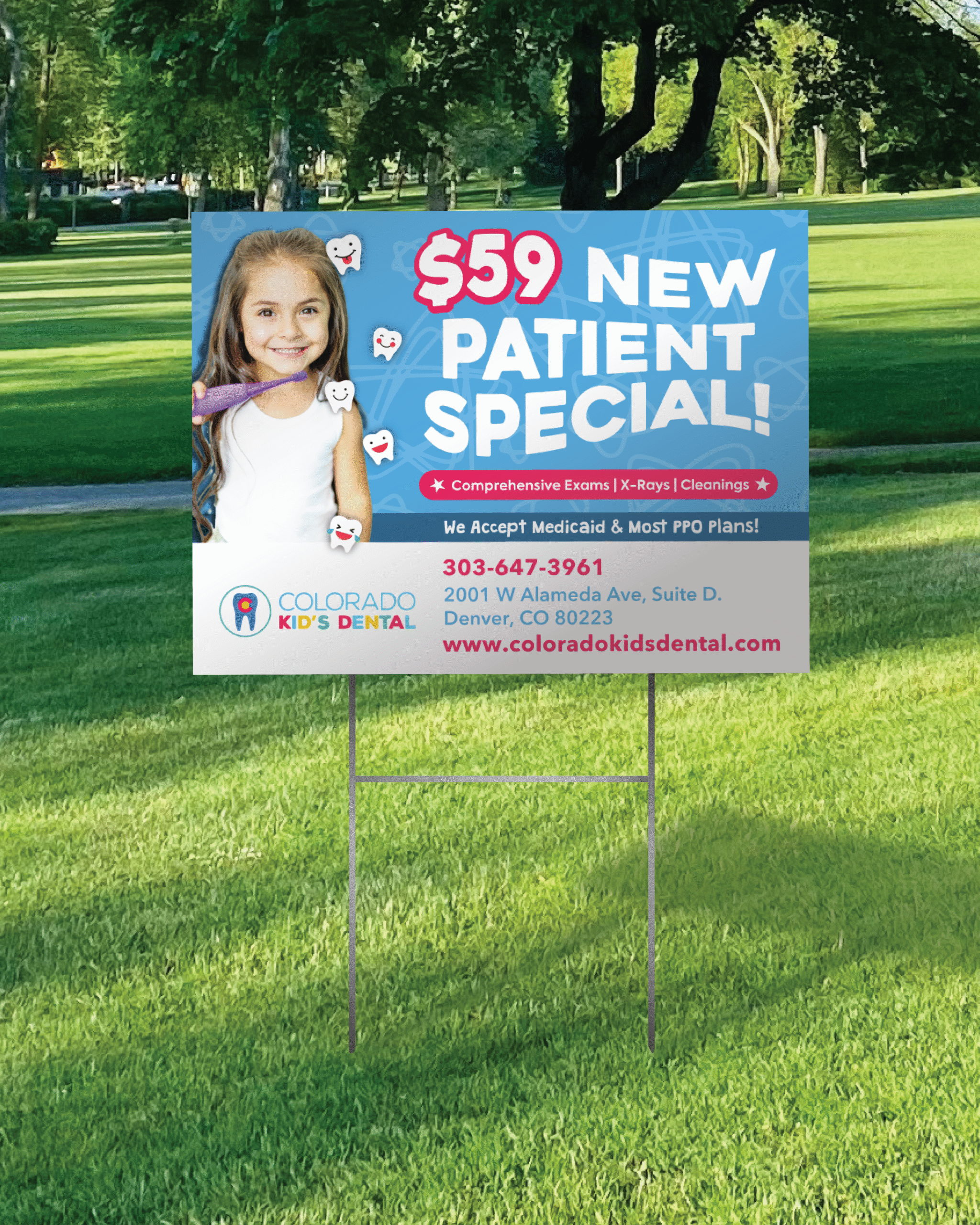 Yard sign showing a young girl brushing her teeth and the words "$59 NEW PATIENT SPECIAL" on a lush green lawn