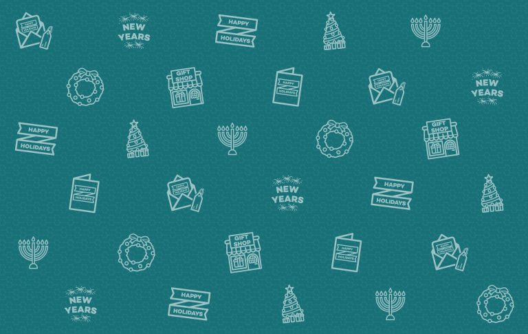 Holiday icons including a Christmas tree, menorah, wreath and greeting card are scattered on a teal background.