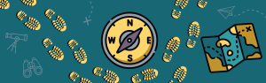 Graphic navigation iconography including footprints, a map, a telescope, binoculars and a compass on a teal background.